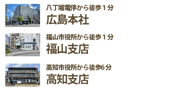 八丁堀電停徒歩1分広島本店　福山市役所徒歩1分福山支店　高知市役所から徒歩６分高知支店